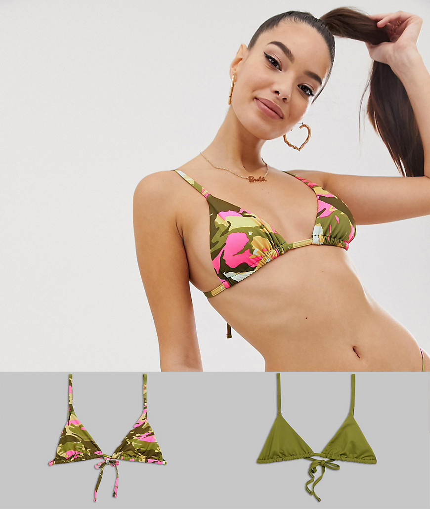 ASOS DESIGN – Flerpack kakifärgade, rosa och kamouflagemönstrade bikiniöverdelar i trekantsmodell-Flerfärgad