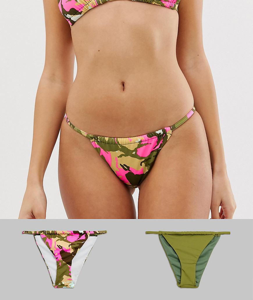 ASOS DESIGN – Flerpack kakifärgade, rosa och kamouflagemönstrade bikiniunderdelar i tangamodell-Flerfärgad