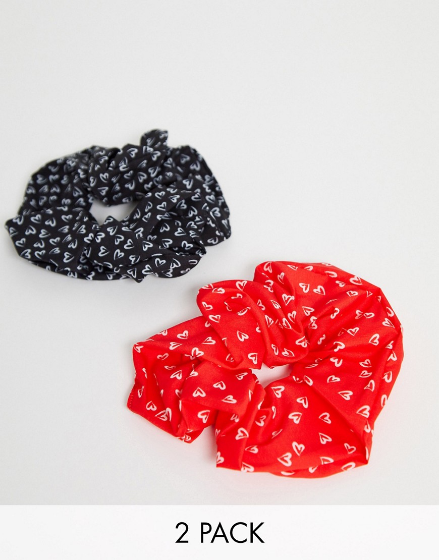 ASOS DESIGN – Flerpack med 2 hårscrunchies med hjärtmönster-Flerfärgad