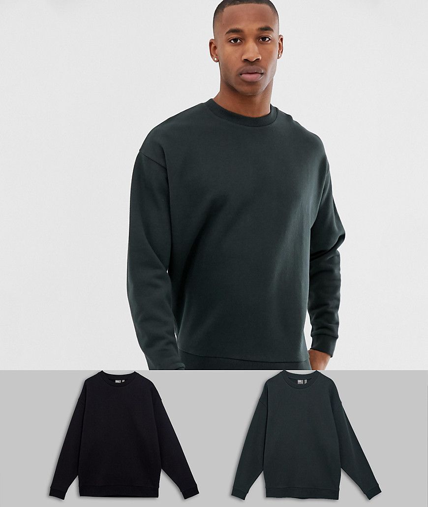 ASOS DESIGN – Flerpack svart och mörkgrön sweatshirt i oversize-modell-Flerfärgad