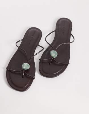  Fleur skinny strap toe thong sandal with turquoise bead in chocolate