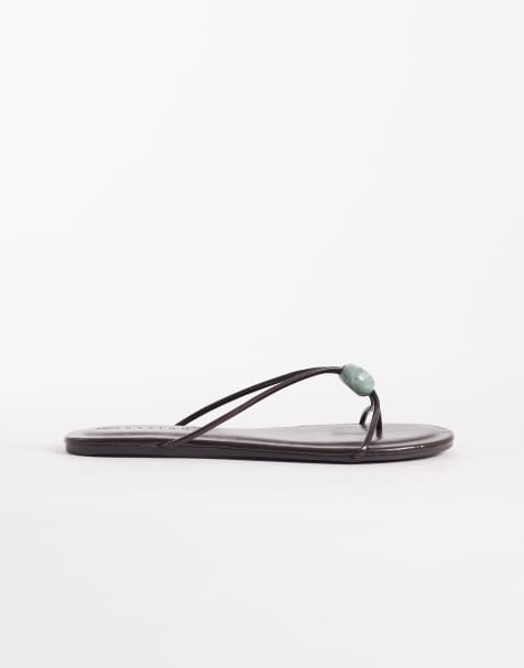 ASOS DESIGN Fleur skinny strap toe thong sandal with turquoise bead in chocolate - view 1