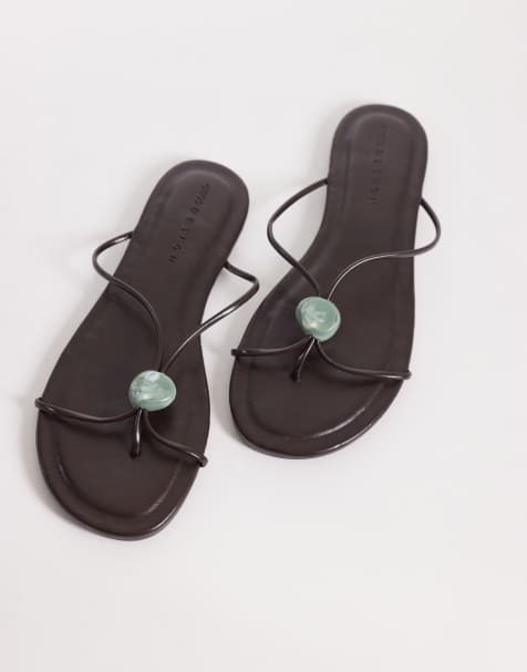 ASOS DESIGN Fleur skinny strap toe thong sandals with turquoise bead in chocolate - view 1