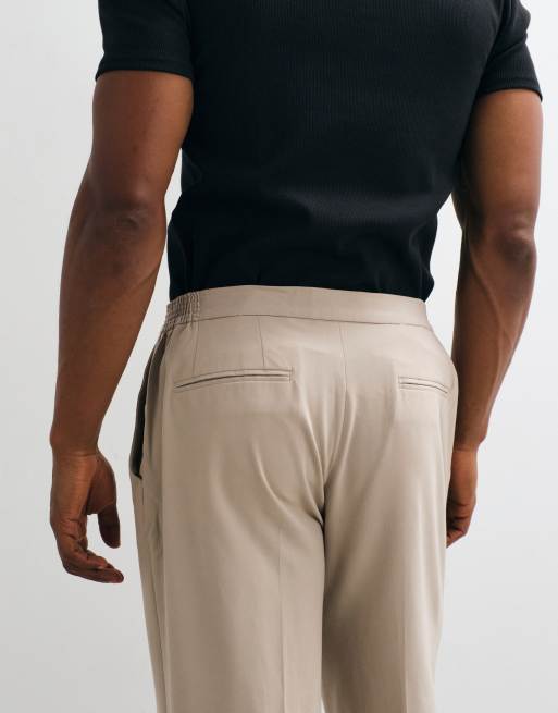 ASOS DESIGN flexMAX™ smart straight trousers in stone with elasticated waist, 4 of 5