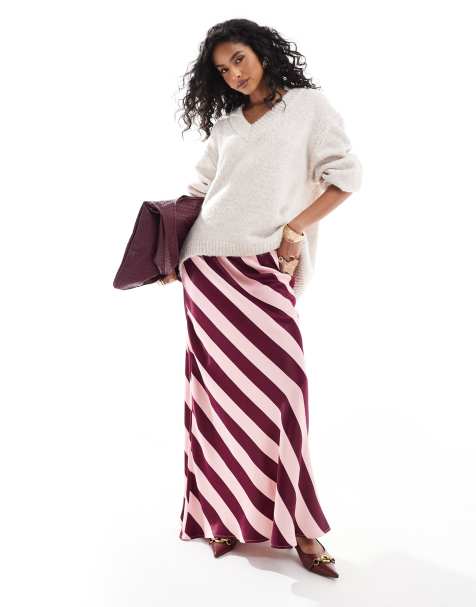 ASOS DESIGN – Fließender Maxirock aus Satin in Burgunderrot und Rosa gestreift - view 1