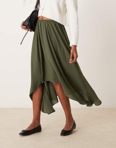 ASOS DESIGN – Fließender Midirock in Khaki mit Hoch-Tief-Saum - view 1