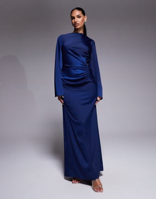 ASOS DESIGN - Fließendes Maxikleid in Marineblau mit markanten Ärmeln und geraffter Taille