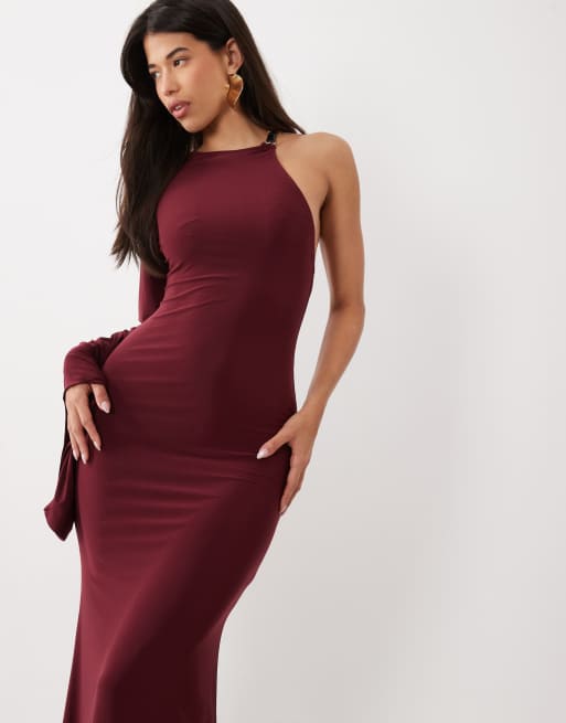 ASOS DESIGN fließendes Maxikleid mit einem Träger, Besatz und Rückenausschnitt in Burgunderrot, 3 von 4