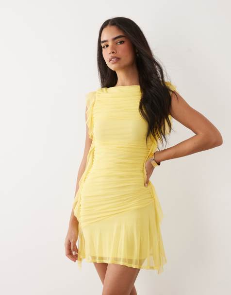 ASOS DESIGN – Fließendes Minikleid aus Netzstoff in Zitronengelb mit Raffung - view 1