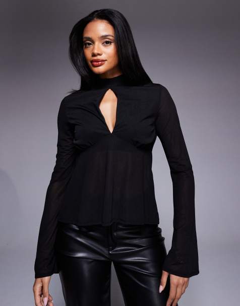 ASOS DESIGN – Fließendes Netzstoff-Top in Schwarz mit ausgestellten Ärmeln und gebundener Rückseite - view 1