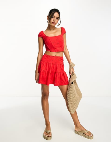ASOS DESIGN flippy broderie mini skirt in red - view 1
