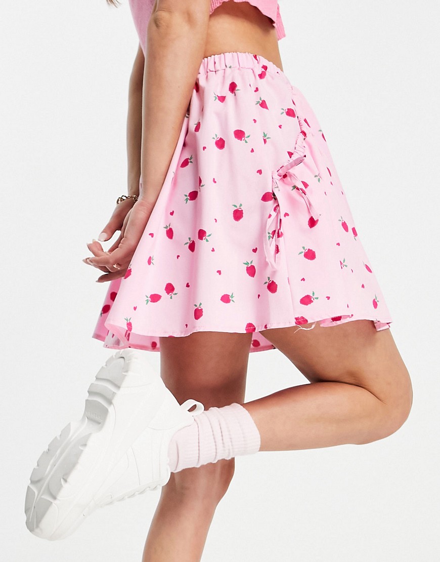 ASOS DESIGN flippy mini skirt in pink strawberry print-Multi