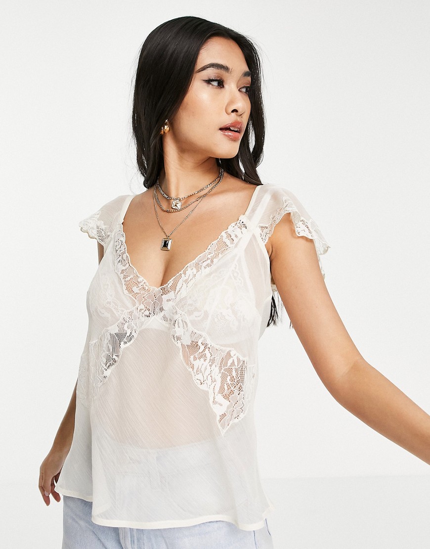ASOS DESIGN flippy top with lace fluted sleeve and seam detail in cream-White