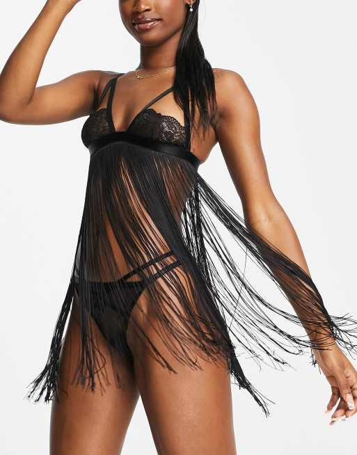 ASOS DESIGN – Flirty – Svart babydoll med fransar