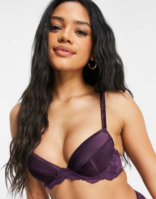 Foxy Satin Floral Lace Full Coverage Purple Underwire Bra Set