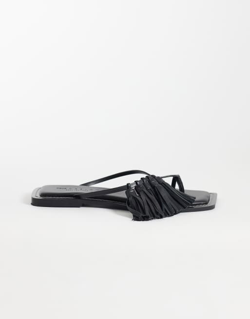 ASOS DESIGN Flit premium tassel sandals in black leather, 2 of 4