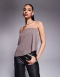 [ASOS DESIGN] ASOS DESIGN floaty asymmetric cupro bandeau longline top in brown XS BROWN