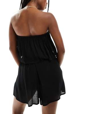 Asos Design Floaty Crinkle Bandeau Beach Romper In Black