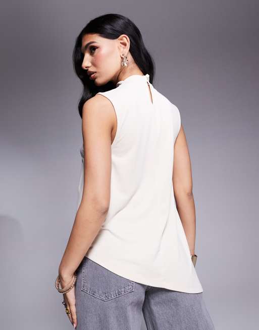 ASOS DESIGN floaty grown on neck cupro longline top in stone, 2 of 4