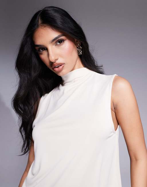 ASOS DESIGN floaty grown on neck cupro longline top in stone, 3 of 4