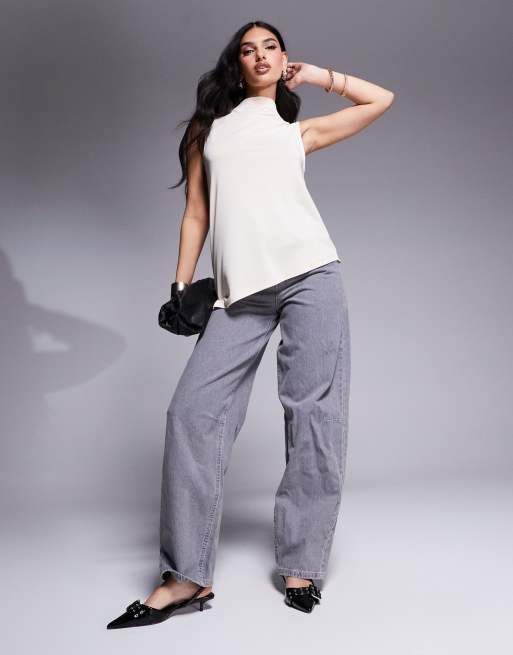 ASOS DESIGN floaty grown on neck cupro longline top in stone, 4 of 4