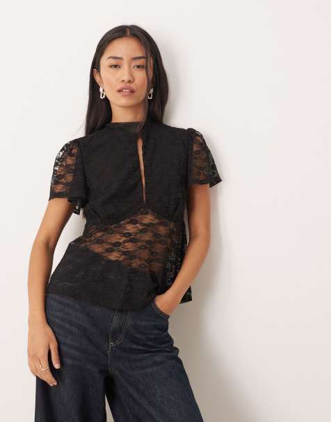 ASOS DESIGN floaty lace flutter sleeve button top with tie neck detail in black - view 1