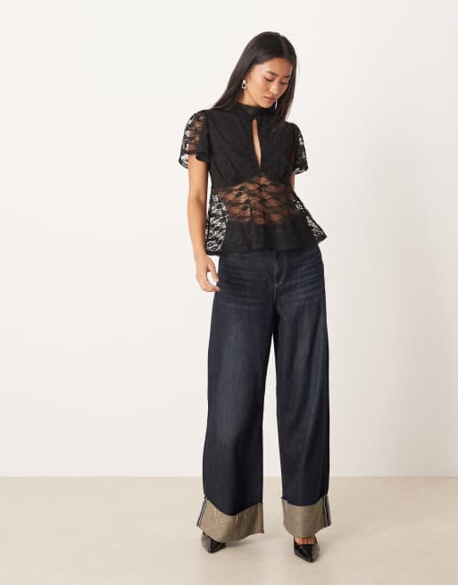 ASOS DESIGN floaty lace flutter sleeve button top with tie neck detail in black