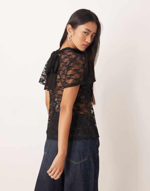 ASOS DESIGN floaty lace flutter sleeve button top with tie neck detail in black