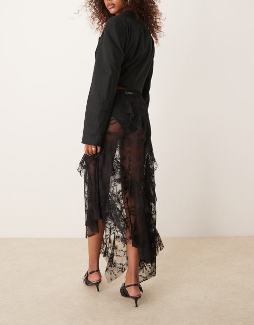 ASOS DESIGN floaty lace midi skirt with ruffles and asymmetric hem in black