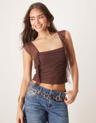 floaty mesh cami top with ruching in chocolate-Brown