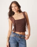 [ASOS DESIGN] ASOS DESIGN floaty mesh cami top with ruching in chocolate-Brown 6 Chocolate