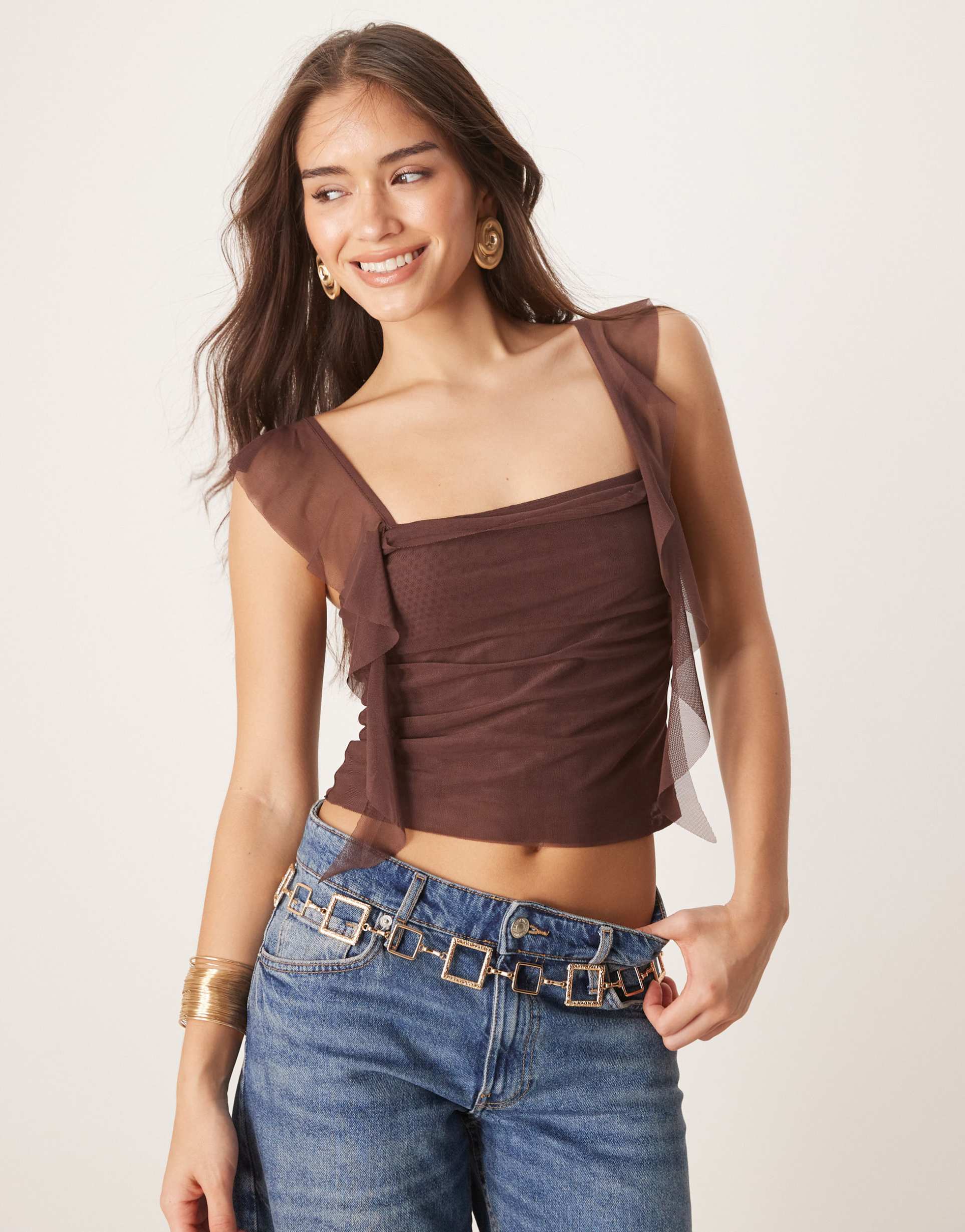 asos design floaty mesh cami top with ruching in chocolate