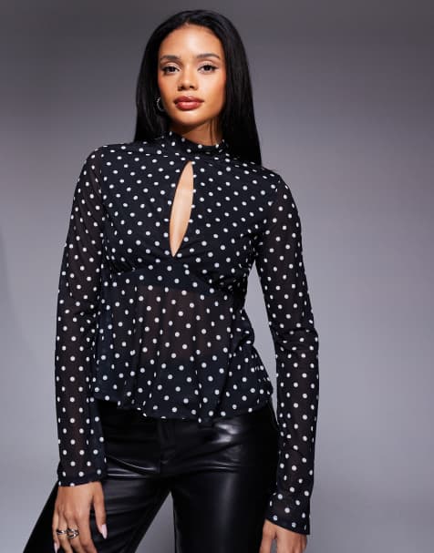 ASOS DESIGN floaty mesh flare sleeve top with tie back detail in black polka dot - view 1