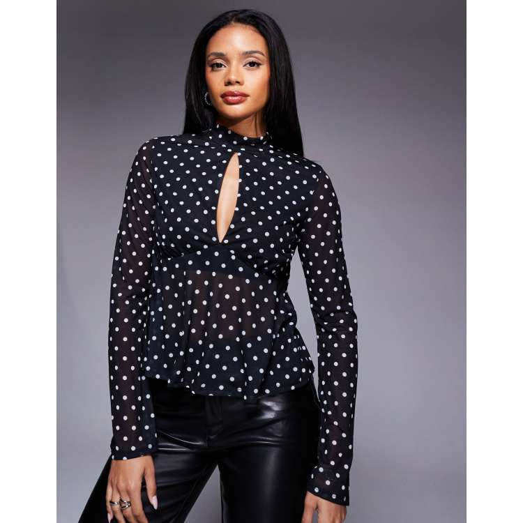 High Neck Polka Dot Mesh Sleeve Top ASOS DESIGN Floaty Mesh
