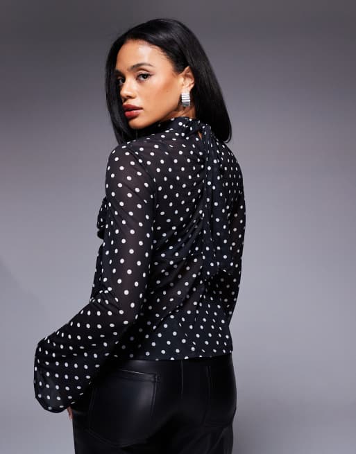ASOS DESIGN floaty mesh flare sleeve top with tie back detail in black polka dot, 3 of 4