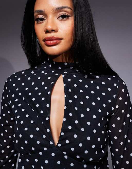 ASOS DESIGN floaty mesh flare sleeve top with tie back detail in black polka dot, 4 of 4