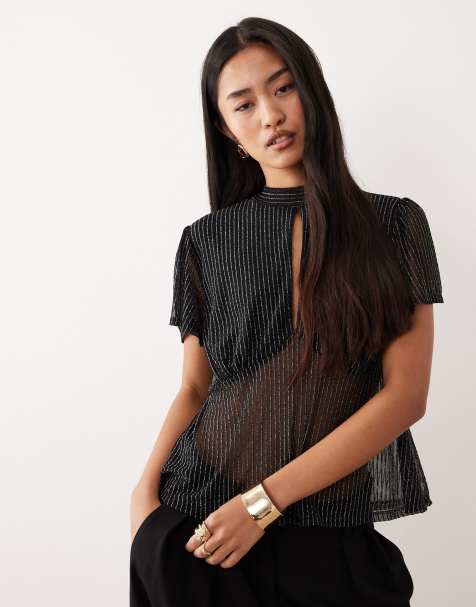 ASOS DESIGN floaty mesh flutter sleeve top with tie back detail in black metallic stripe - view 1