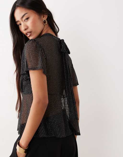 ASOS DESIGN floaty mesh flutter sleeve top with tie back detail in black metallic stripe