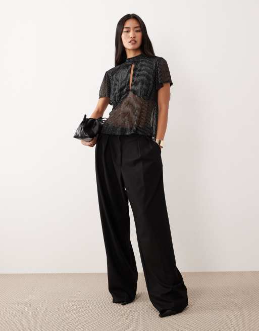 ASOS DESIGN floaty mesh flutter sleeve top with tie back detail in black metallic stripe