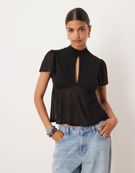 ASOS DESIGN floaty mesh flutter sleeve top with tie back detail in black - view 1