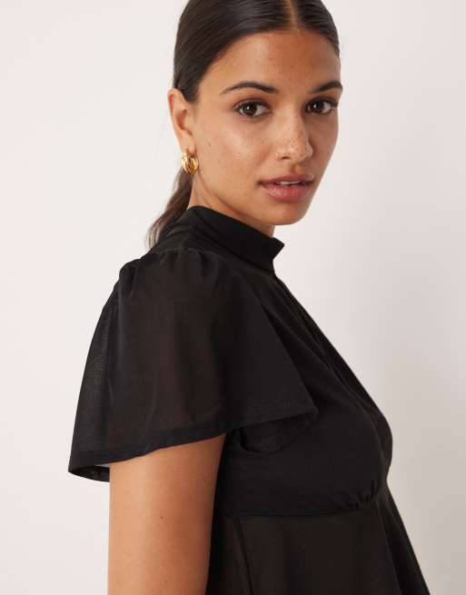 ASOS DESIGN floaty mesh flutter sleeve top with tie back detail in black