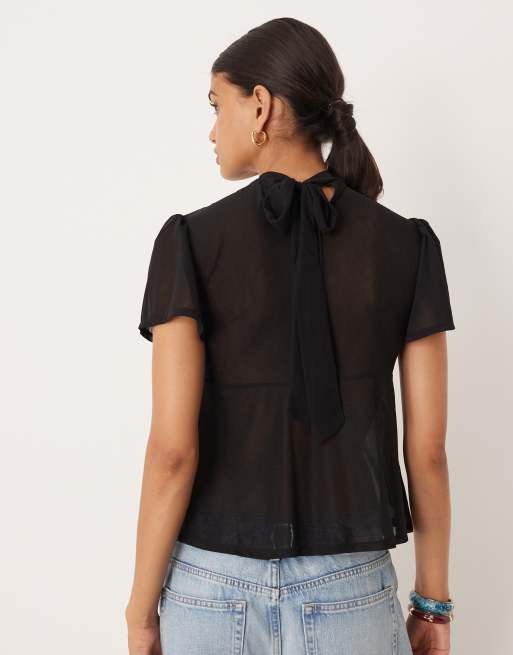 ASOS DESIGN floaty mesh flutter sleeve top with tie back detail in black