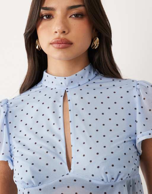 ASOS DESIGN floaty mesh flutter sleeve top with tie back detail in blue polka dot, 2 of 4