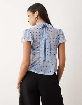 Asos Design Floaty Mesh Flutter Sleeve Top With Tie Back Detail In Blue