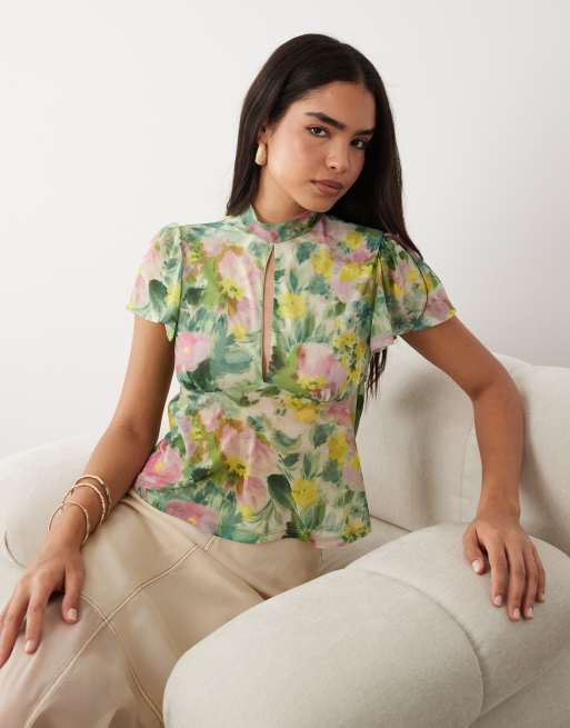 ASOS DESIGN floaty mesh flutter sleeve top with tie back detail in bright floral, 3 of 4