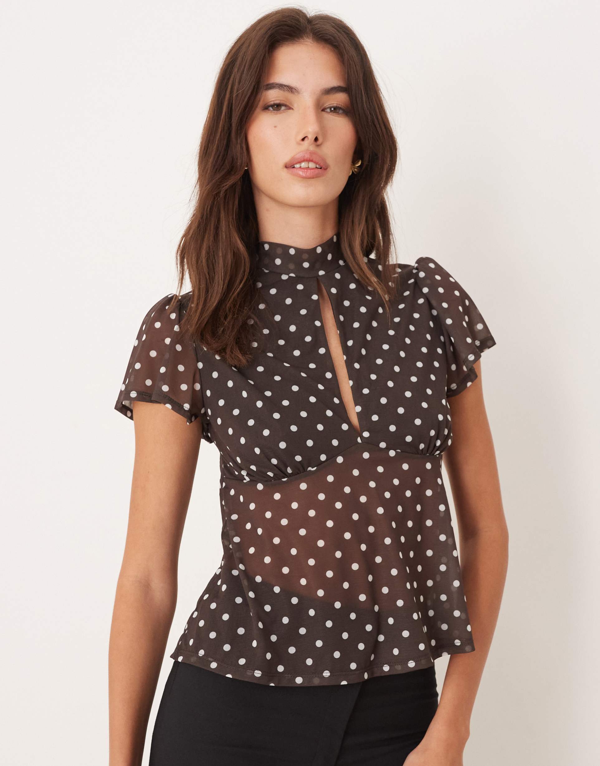 asos design floaty mesh flutter sleeve top with tie back detail in chocolate and white polka dot