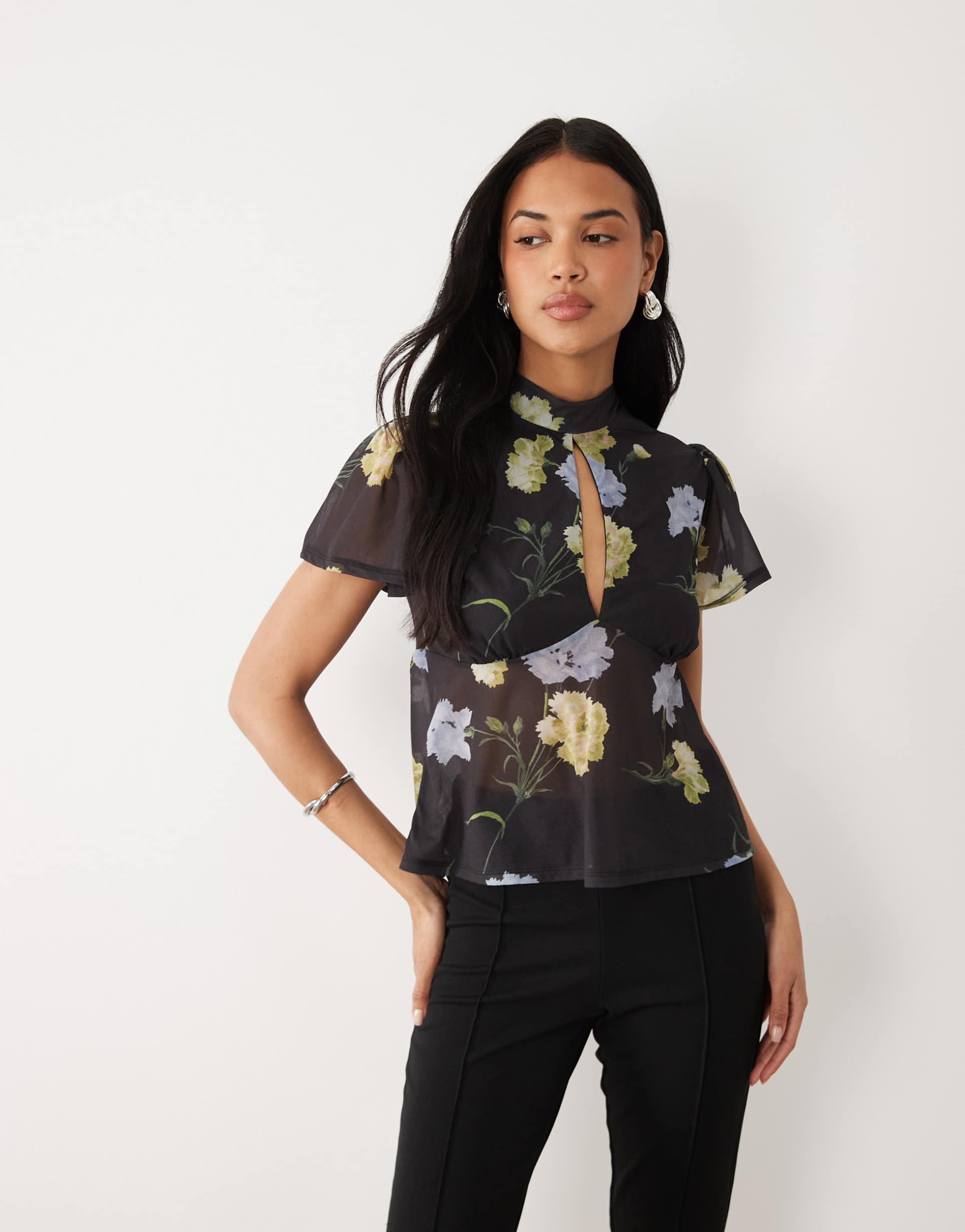 asos design floaty mesh flutter sleeve top with tie back detail in floral