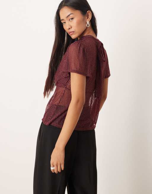 ASOS DESIGN floaty mesh flutter sleeve top with tie back detail in wine metallic stripe