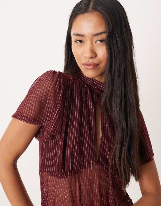 ASOS DESIGN floaty mesh flutter sleeve top with tie back detail in wine metallic stripe