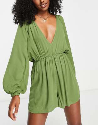 Asos Design Floaty Plunge Crinkle Romper In Khaki-green